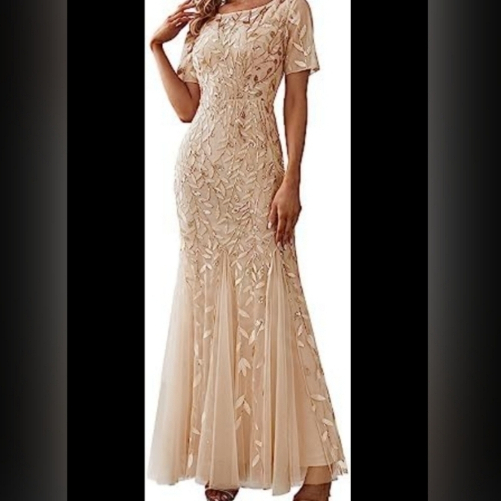 XUCTHHC Gold & Champagne Leaf Sequin Godet Gown - Picture 5 of 14